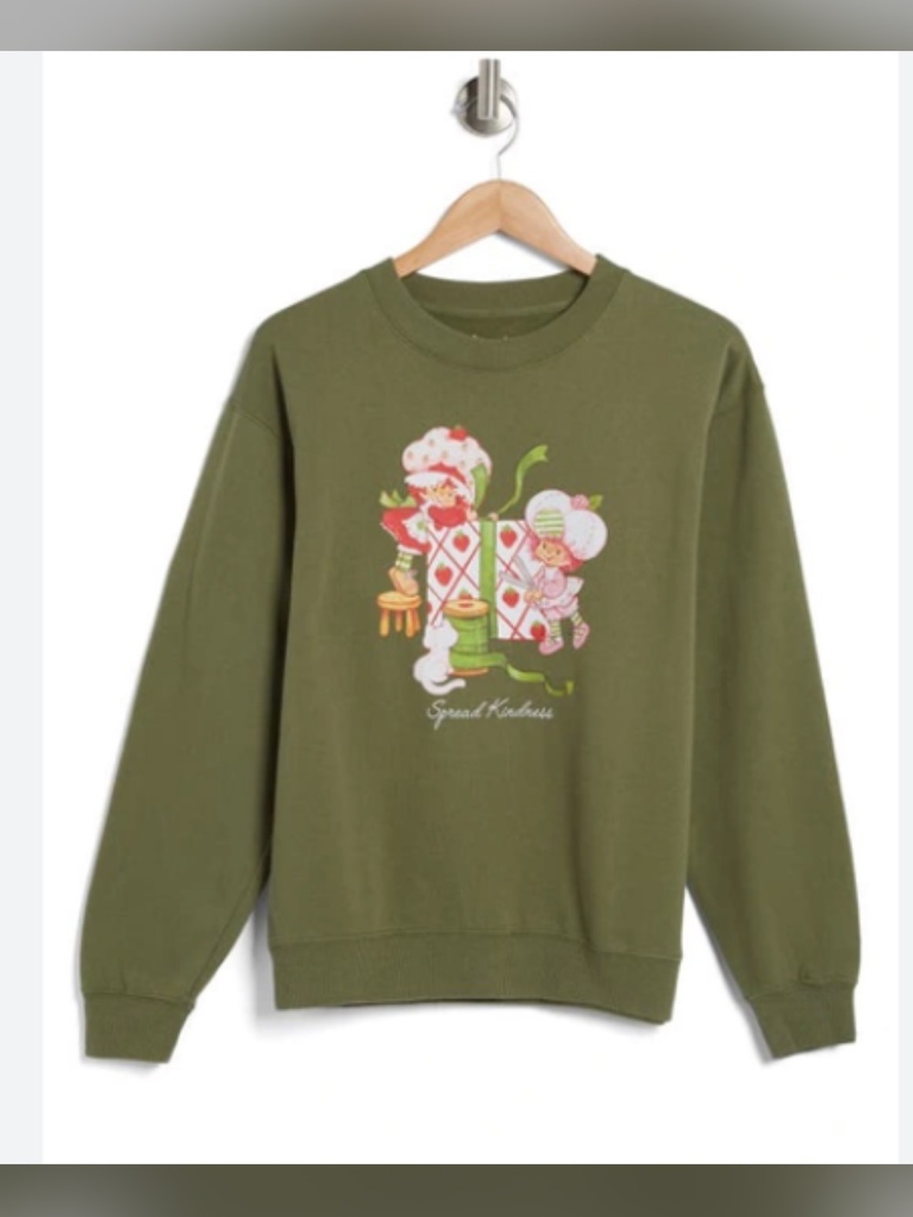 Green Graphic Sweatshirt with Strawberry Shortcake Style Print